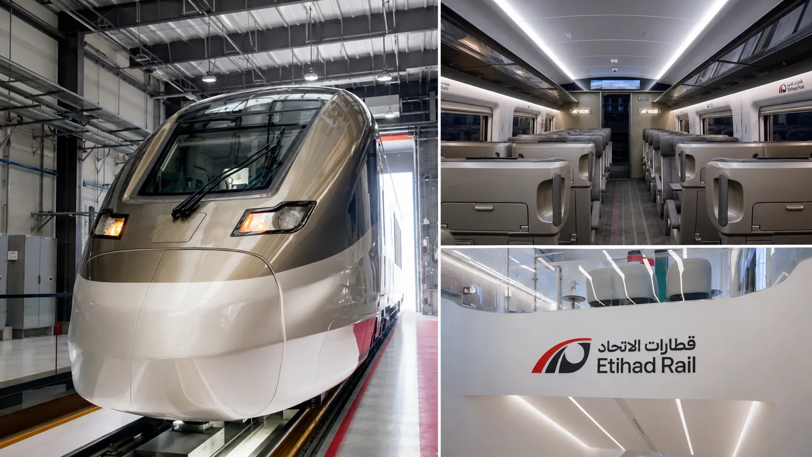 Etihad Rail — высокоскоростной пассажирский поезд ОАЭ, салон и фирменный знак. Станция запланирована внутри Marsa Al Saadiyat