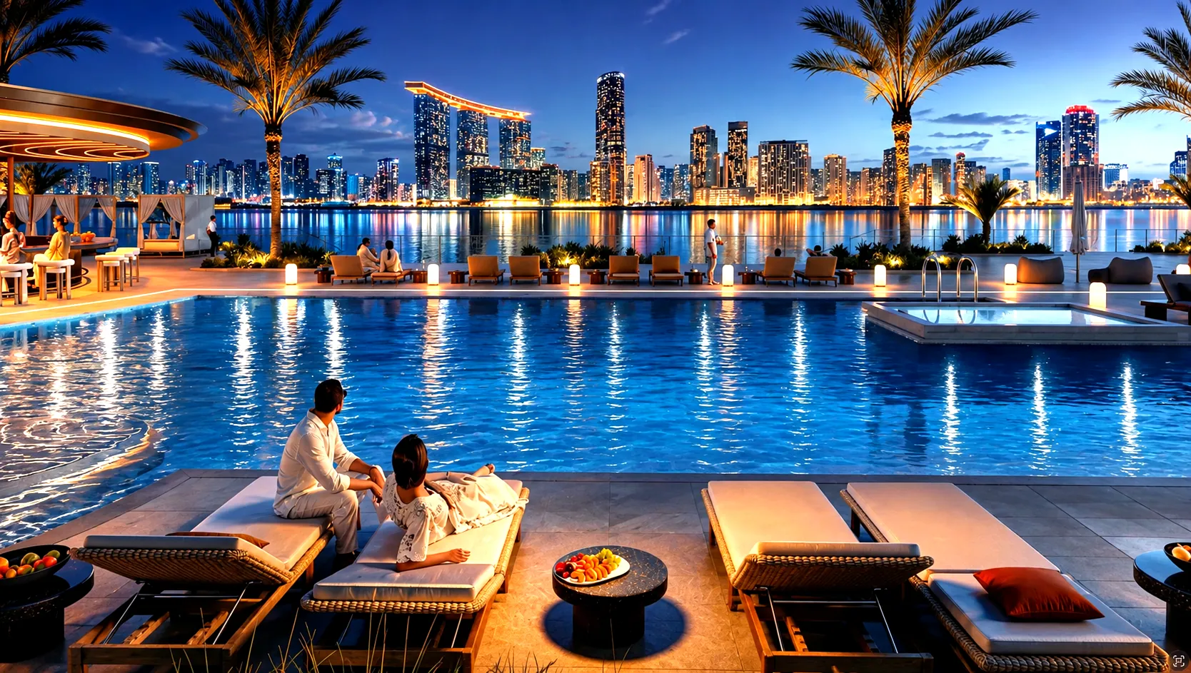 Marsa Al Saadiyat вечером — бассейн на набережной и панорама огней Абу-Даби