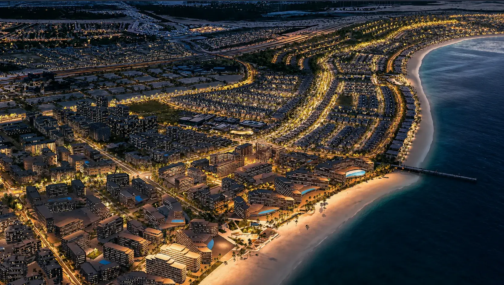 Marsa Al Saadiyat — вечерняя аэрофотопанорама прибрежной застройки и пляжа на острове Саадият, Абу-Даби