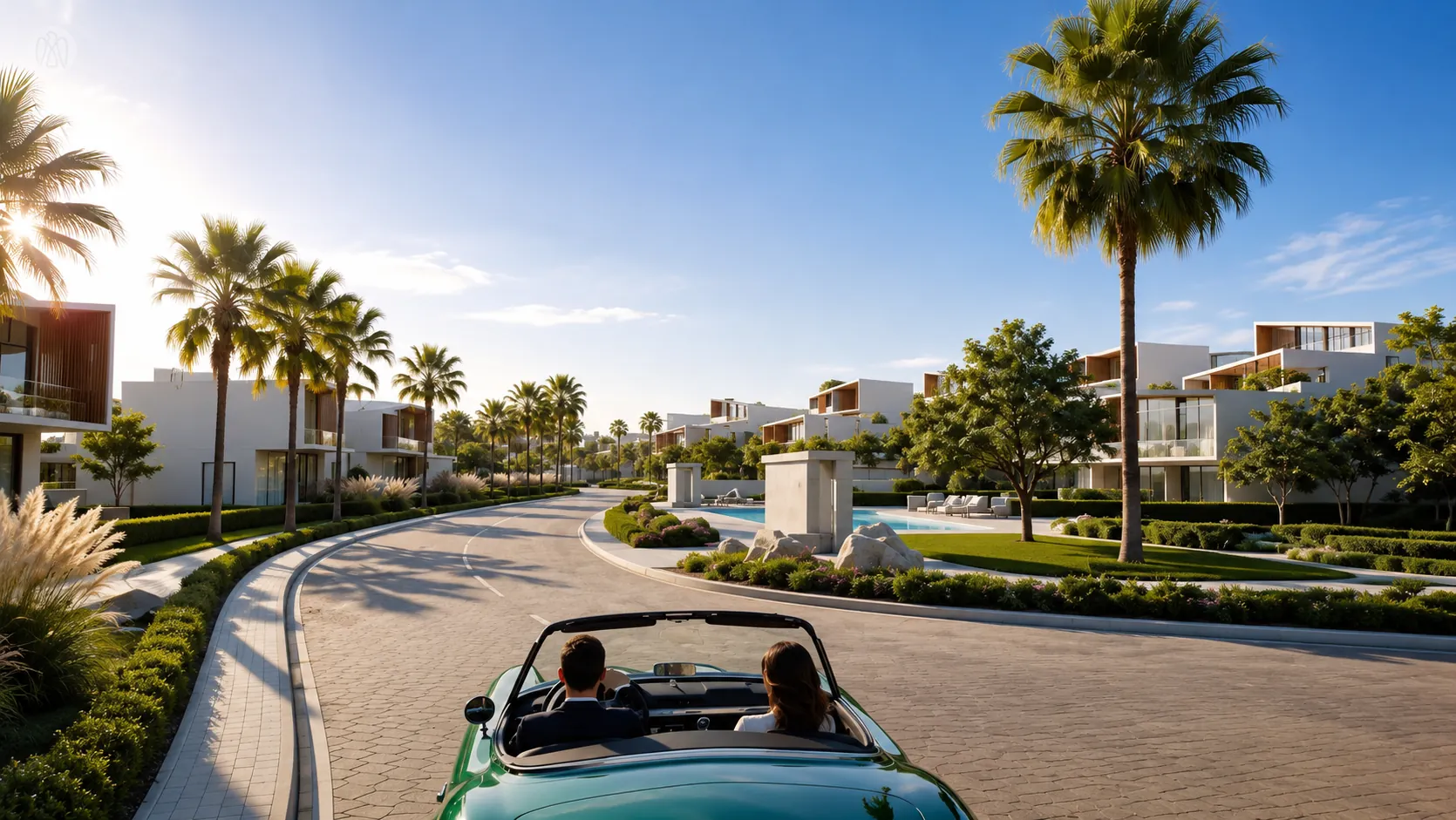 Marsa Al Saadiyat — внутренние улицы жилого квартала с виллами, пальмами и бассейном