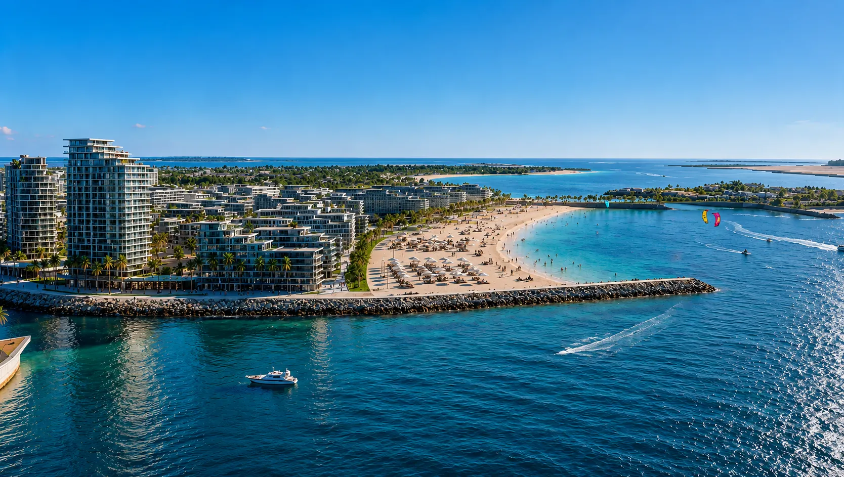 Marsa Al Saadiyat — аэропанорама района: марина с яхтами, набережная, общественный пляж и жилая застройка на острове Саадият