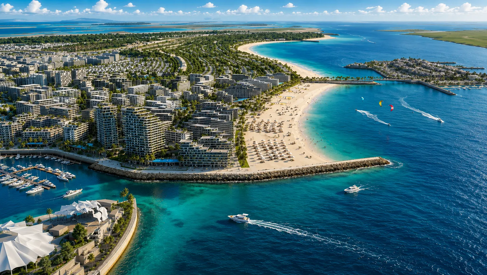 Marsa Al Saadiyat — прибрежные апартаменты и общественный пляж с зонтиками, вид с воды
