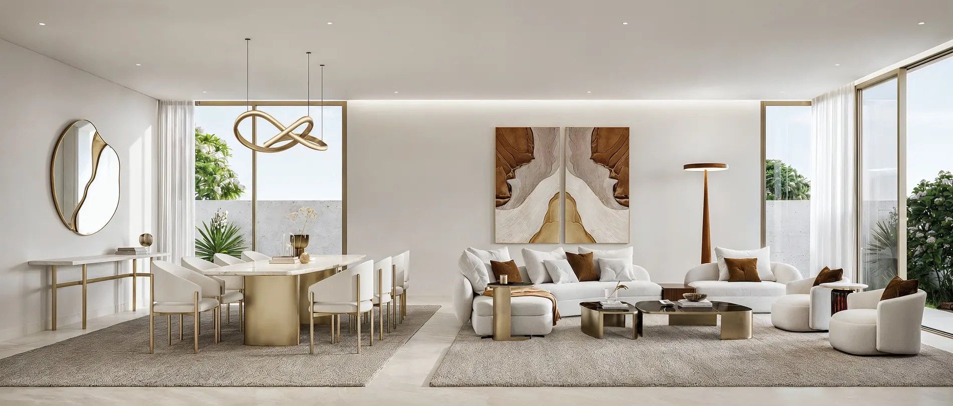Talay Marsa Al Saadiyat — formal living and dining of a 5-bedroom villa in a warm palette with brass