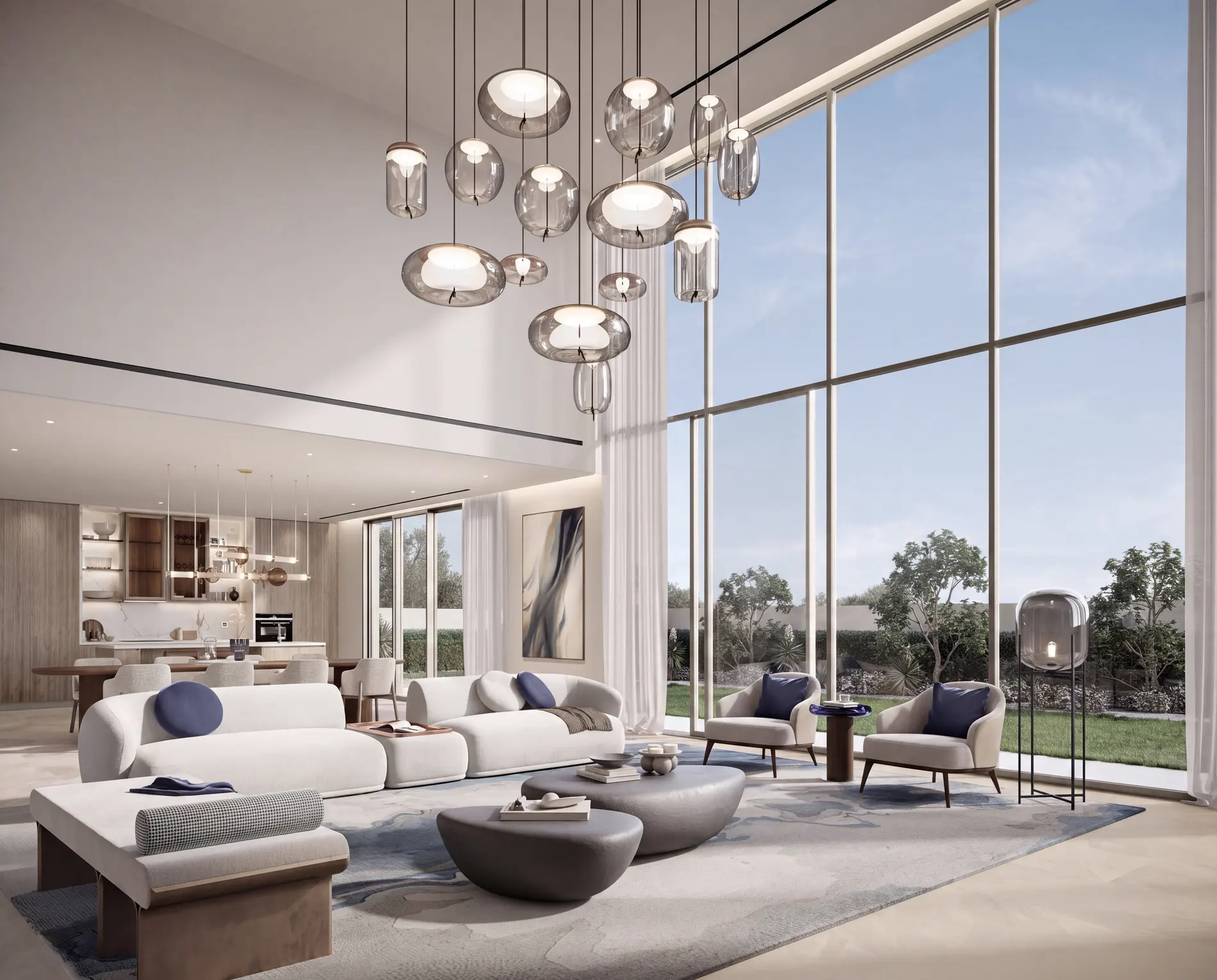 Talay Marsa Al Saadiyat — villa interior: double-height living room with two storeys of glazing, island kitchen, garden access, Abu Dhabi