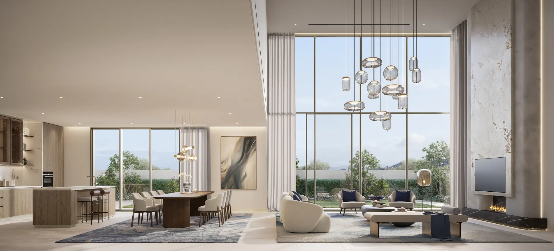 Talay Marsa Al Saadiyat — family living and dining in a 5-bedroom villa: marble-framed fireplace, panoramic windows