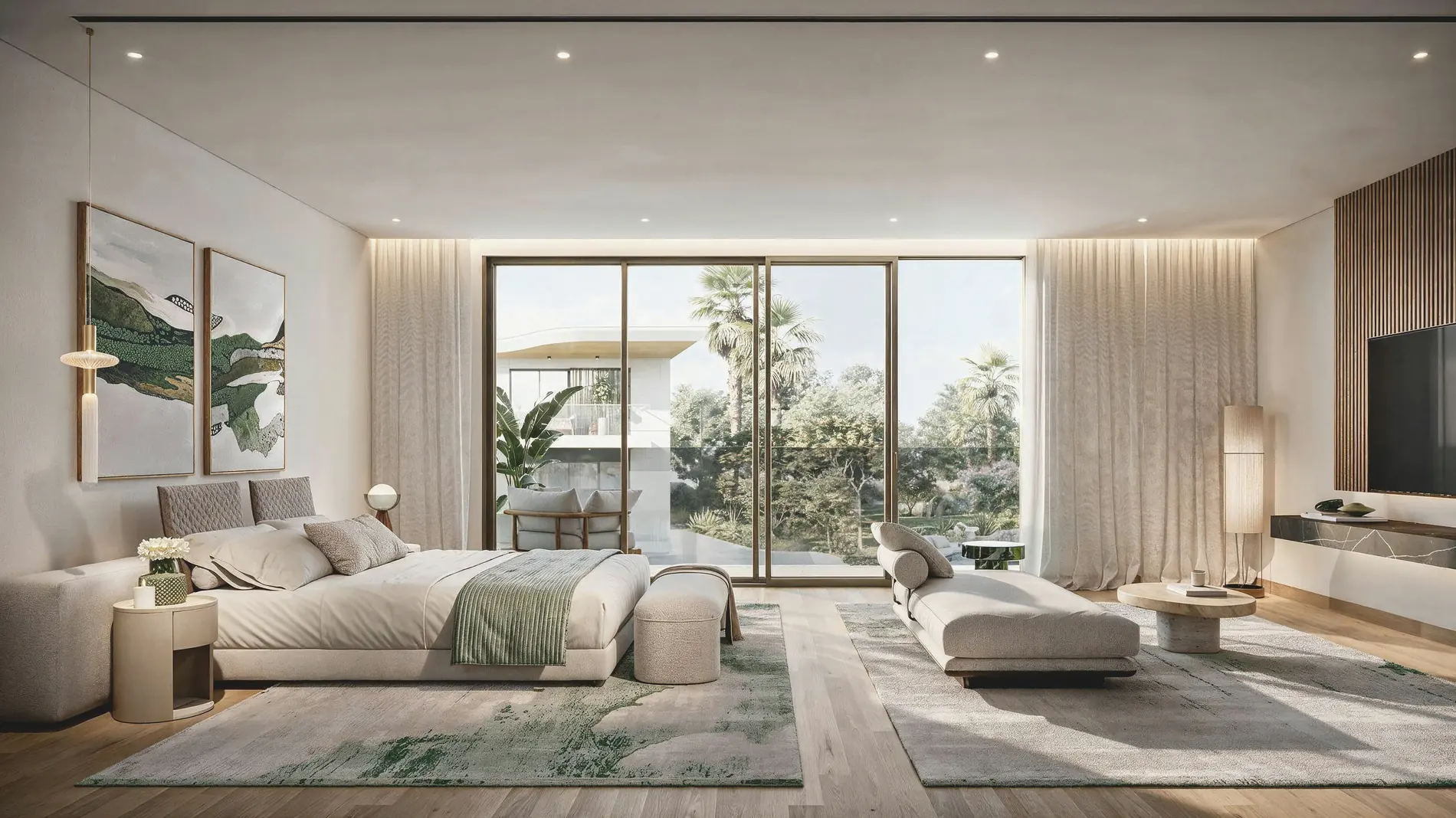 Talay Marsa Al Saadiyat — master bedroom with balcony access, panoramic glazing and garden views
