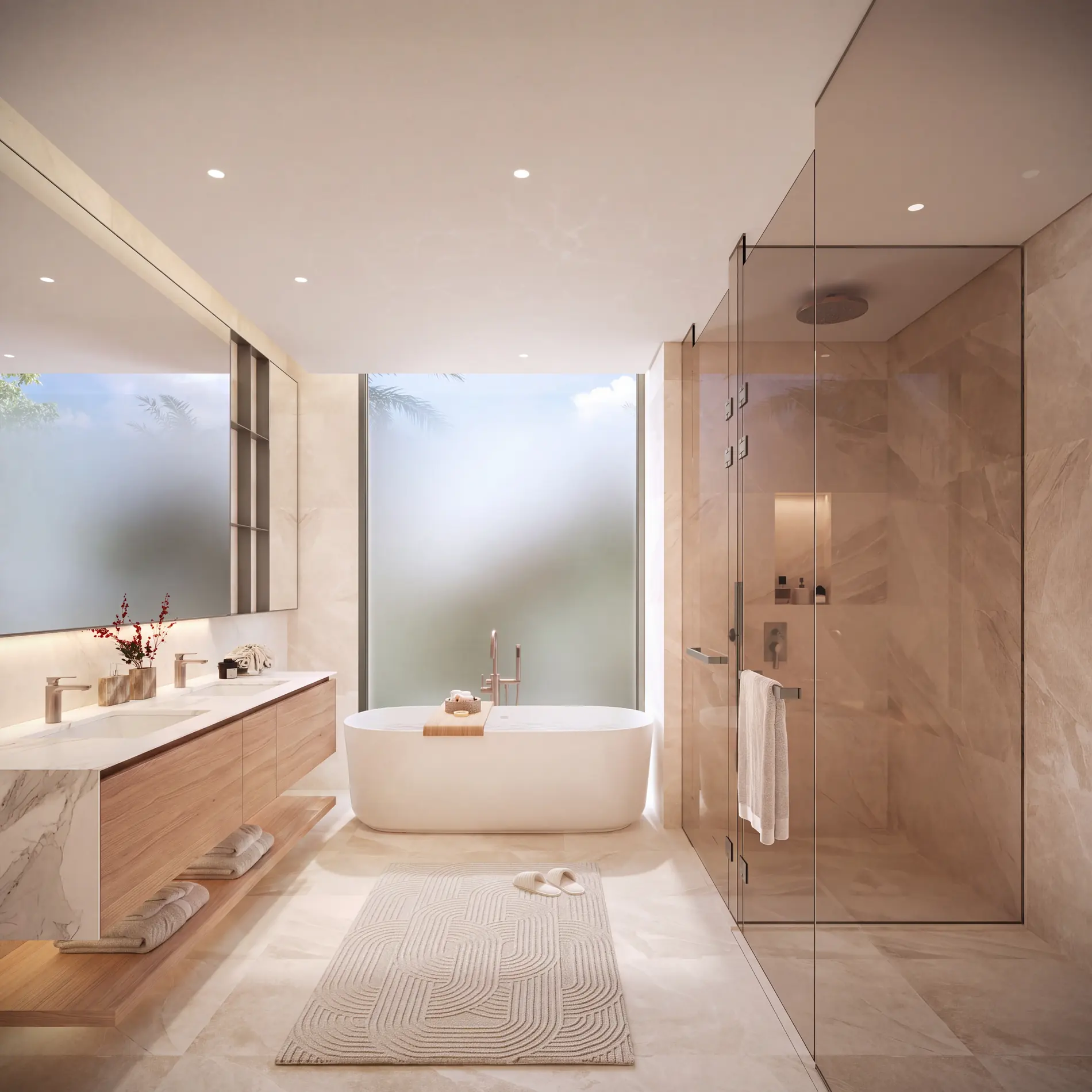 Talay Marsa Al Saadiyat — master bathroom: freestanding tub, double vanity, walk-in glass shower, marble and oak