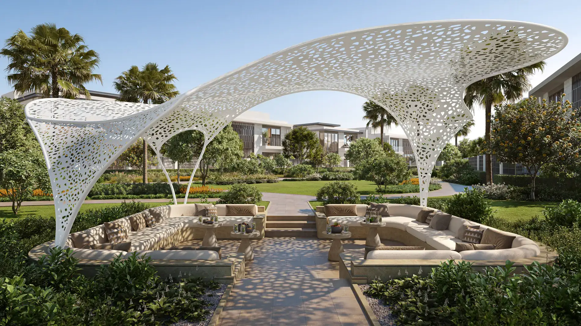 Talay Marsa Al Saadiyat — open majlis pavilion with a latticed canopy and seating areas in the garden