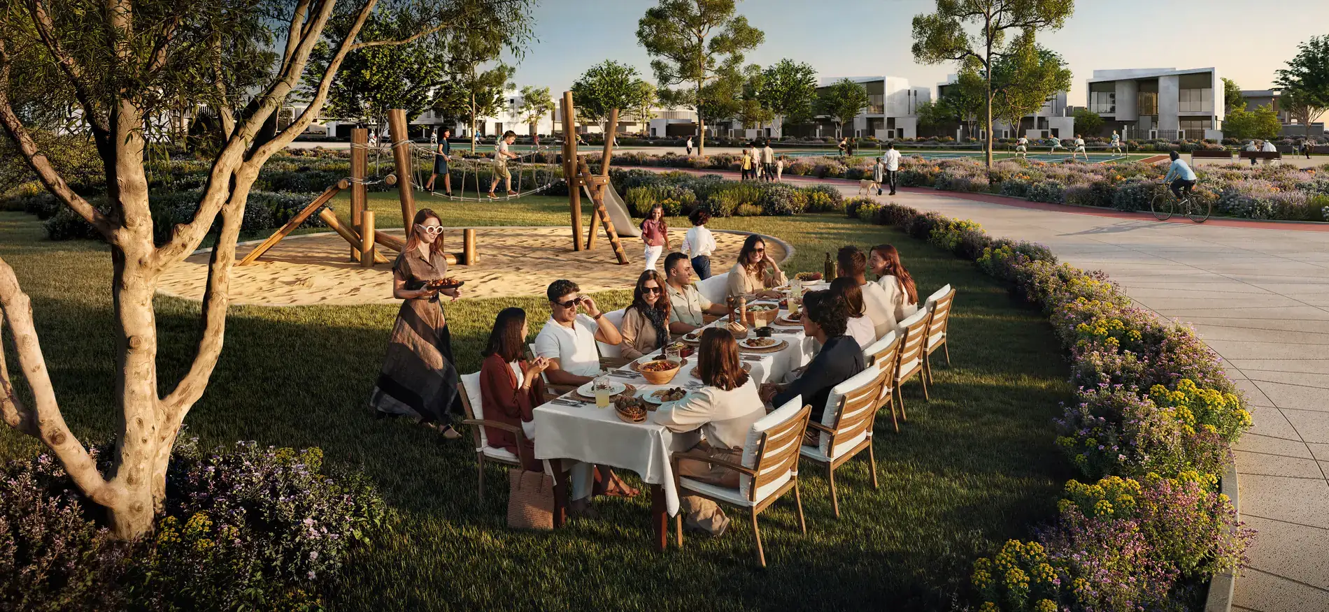 Talay Marsa Al Saadiyat — community park at sunset: playground, family dining area, cycling tracks