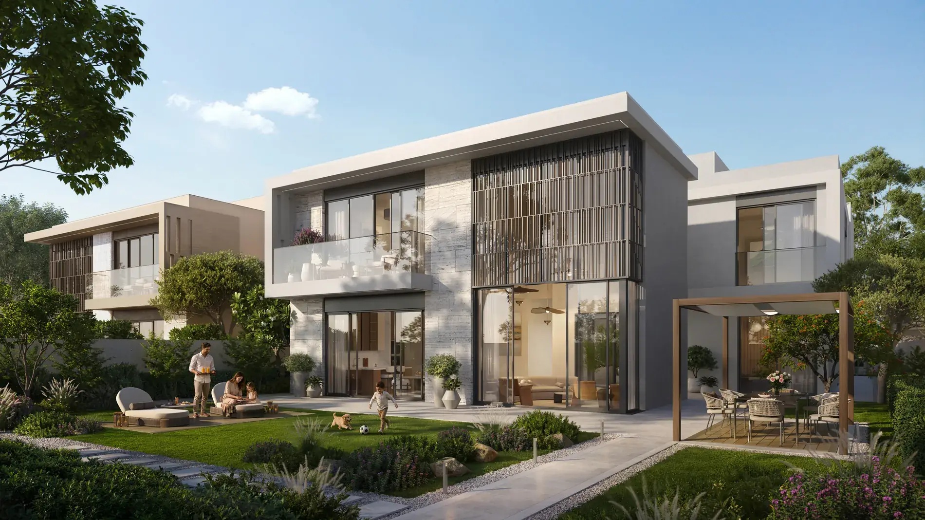 Talay Marsa Al Saadiyat — villa grounds with lawn, lounge area and a separate pergola for outdoor dining