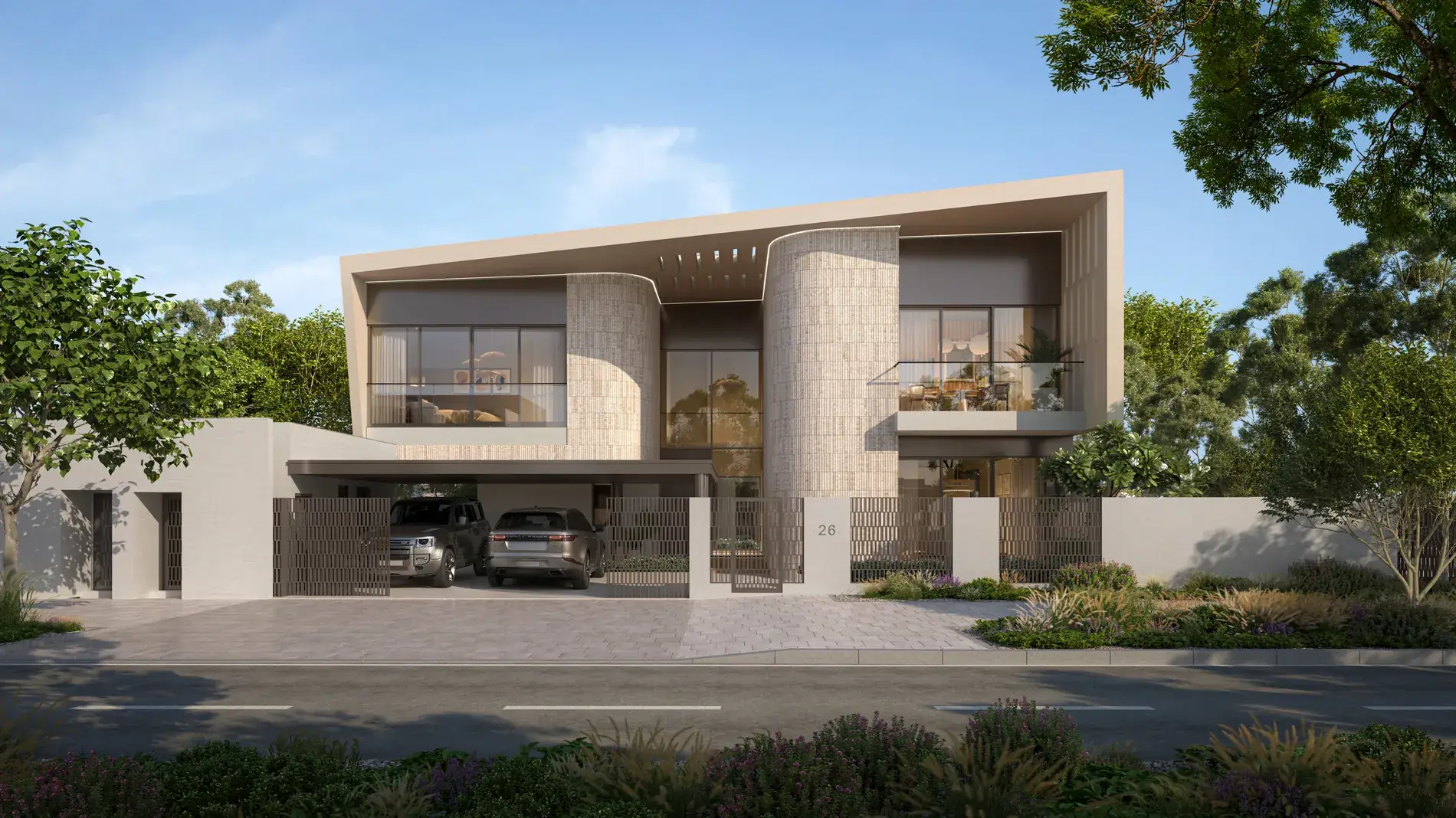 Talay Marsa Al Saadiyat — villa facade from the street: covered parking for two cars, private entrance, stone cladding