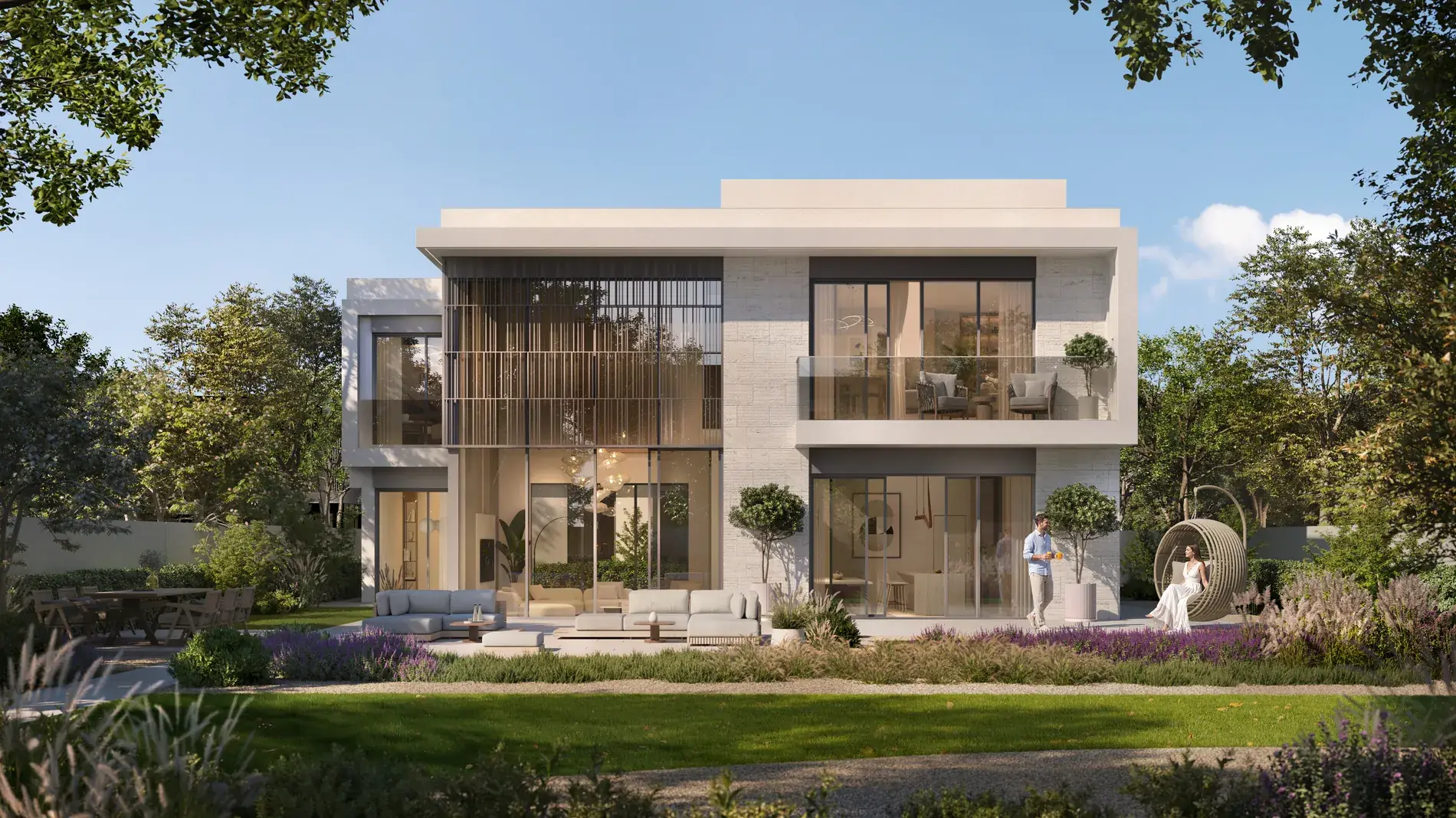 Talay Marsa Al Saadiyat — villa facade from the garden: two storeys of glazing, balconies, travertine cladding, Saadiyat Island, Abu Dhabi