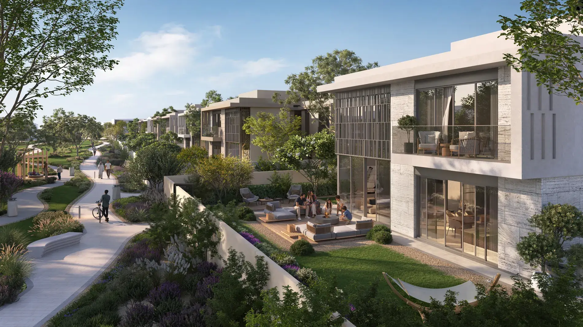 Talay Marsa Al Saadiyat — the project's green spine: walking and cycling route along the villas, landscaping, seating areas
