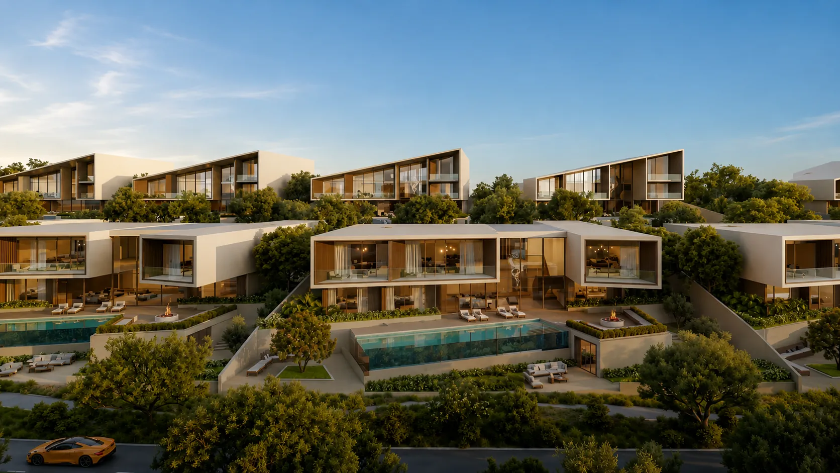 Marsa Al Saadiyat — фасады вилл со стороны улицы, крытый паркинг и въездная группа, первая фаза