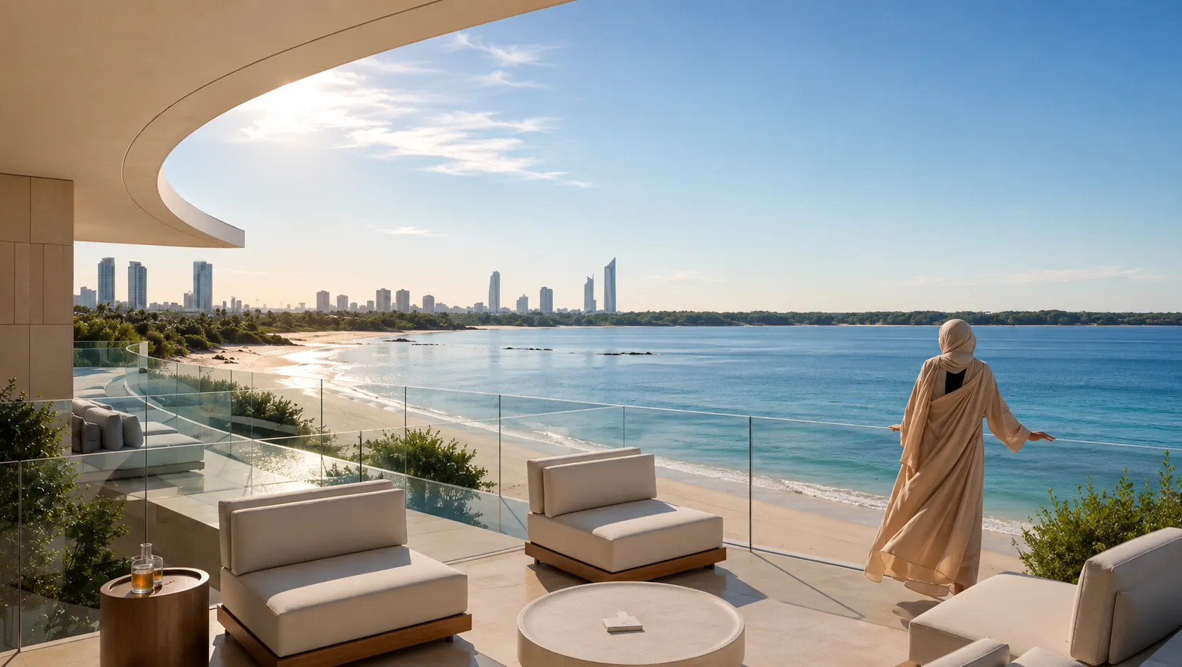 Вид с террасы виллы Marsa Al Saadiyat на пляж и панораму Абу-Даби